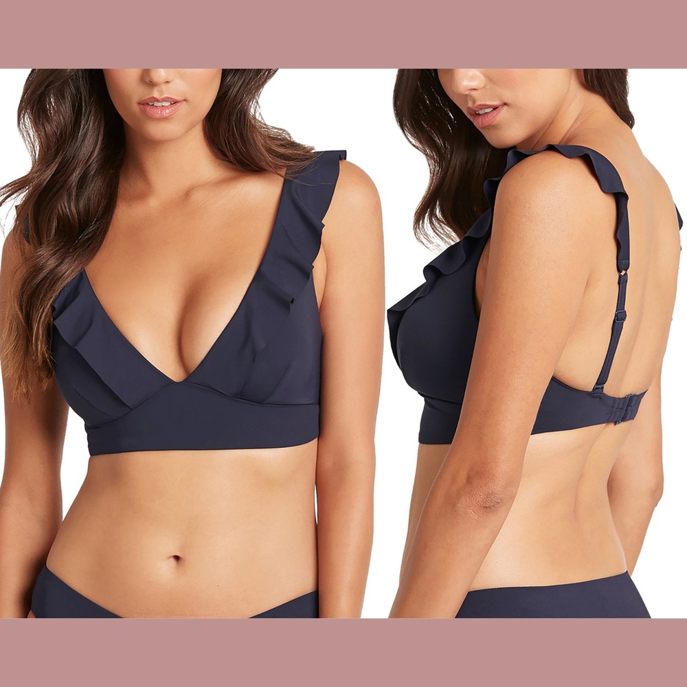 NWT $90 Sea Level [‎ 8 US/ 12 AUS] Ruffle Frill Bikini Top Night Sky Blue U1283